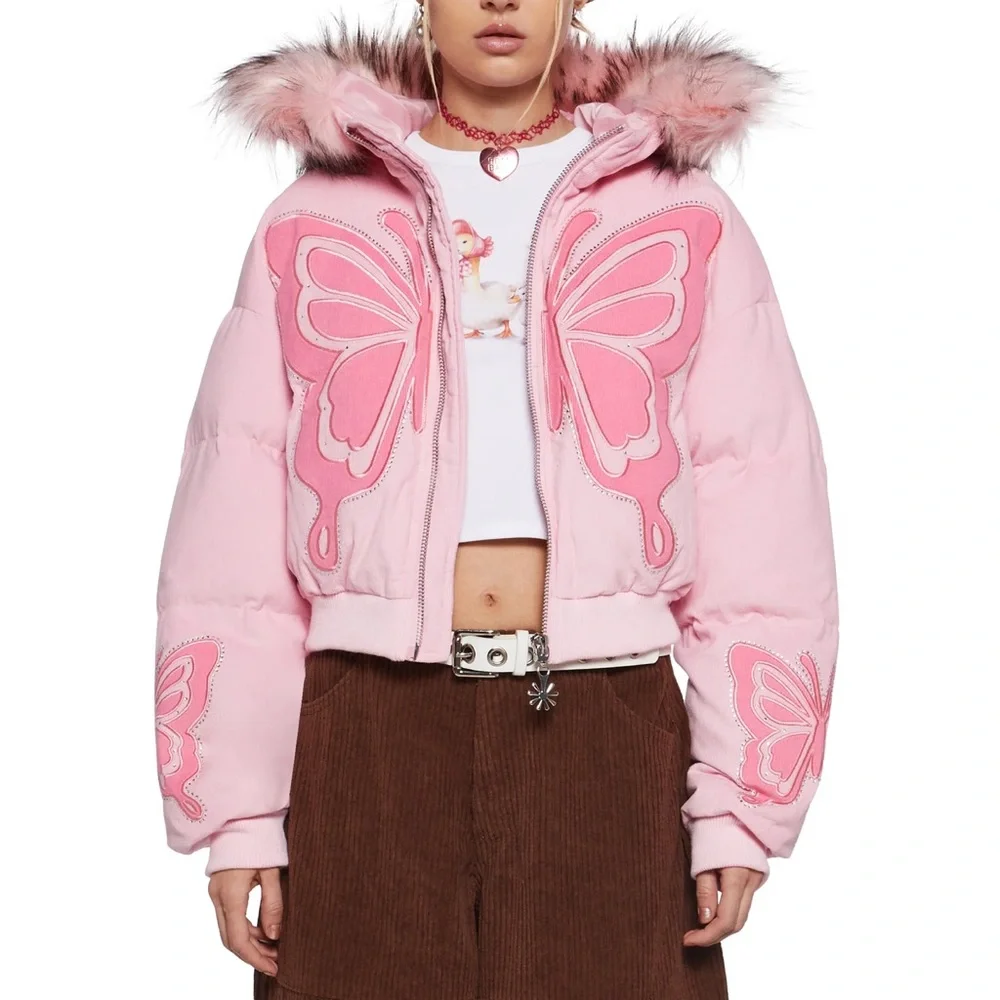 Dolls Kill Pink Faux Fur Hood Butterfly Bomber Jacket - Picture 4 of 8